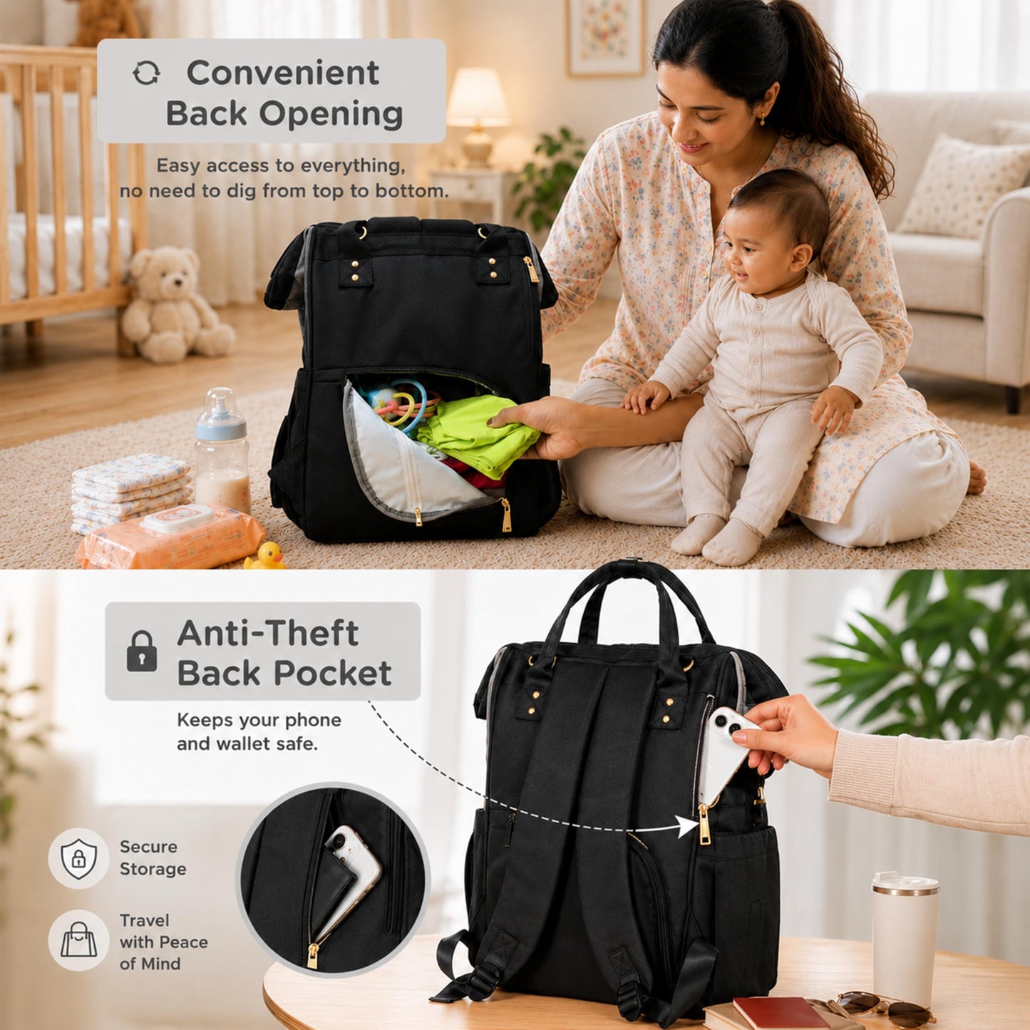 Motherly Patented Diaper Bag For Mothers For Travel, Crown Series, Pink | Backpack for Mothers | Waterproof Baby Travel & Maternity Bag | Multiple Compartments, Insulated Bottle Pockets, Warranty