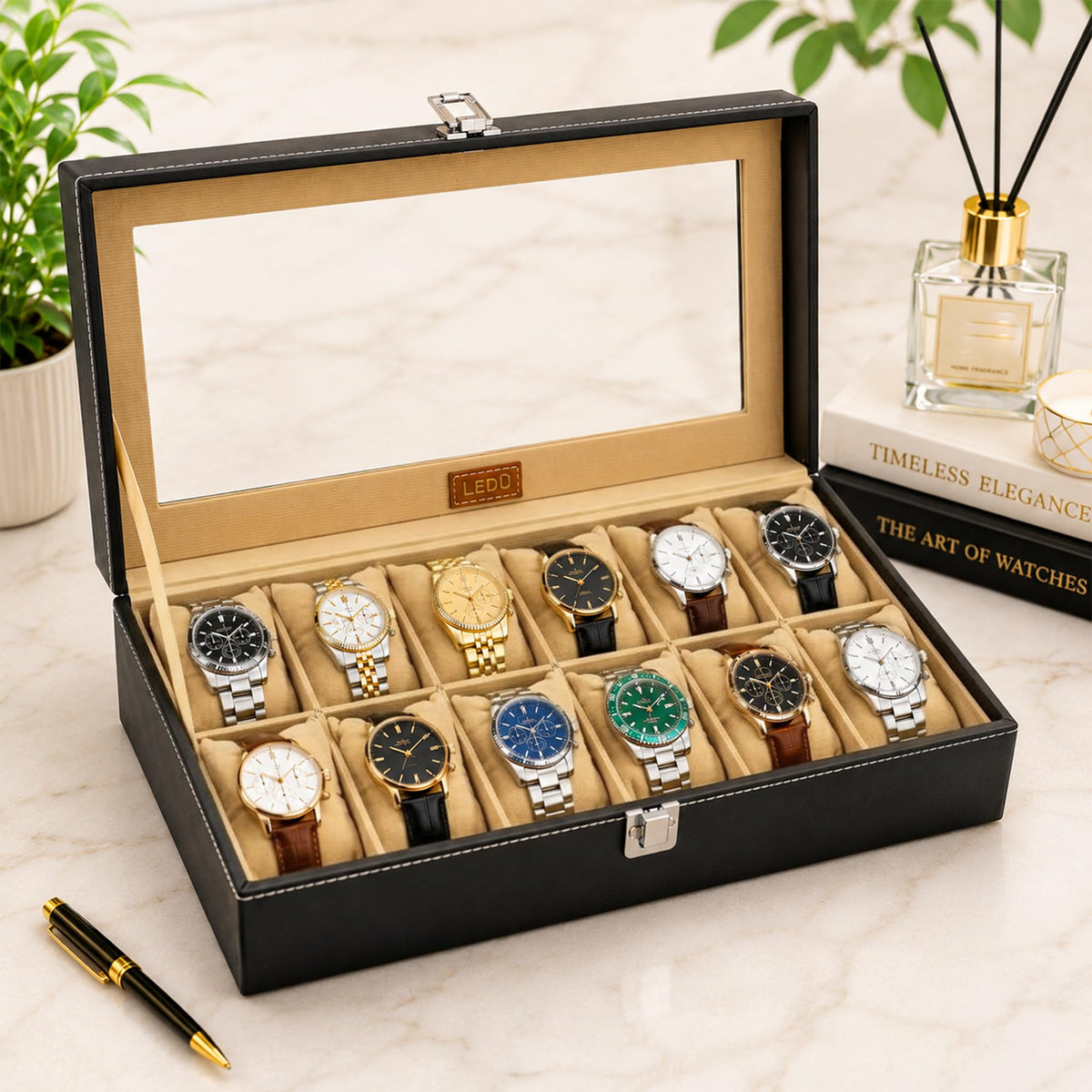 LEDO Men's and Women's Watch Box Holder Organizer Case In 12 Slots of watches In PU Leather with Black & Gray