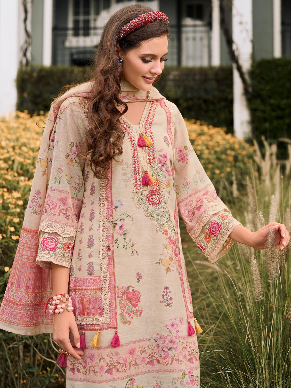 INDO ERA Women's Straight Linen Floral Printed Kurta & Pant with Dupatta Set | Kurta Sets For Woman