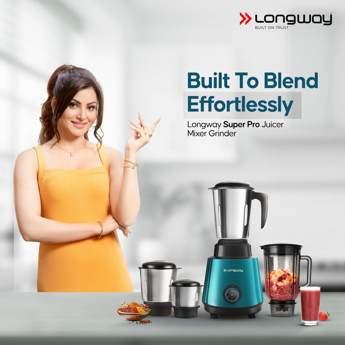 Longway Super Pro Juicer Mixer Grinder | Up to 750W Max Output Powerful Motor | 4 Jars for Grinding, Mixing, Juicing | 2 Years Warranty (Blue & Black)