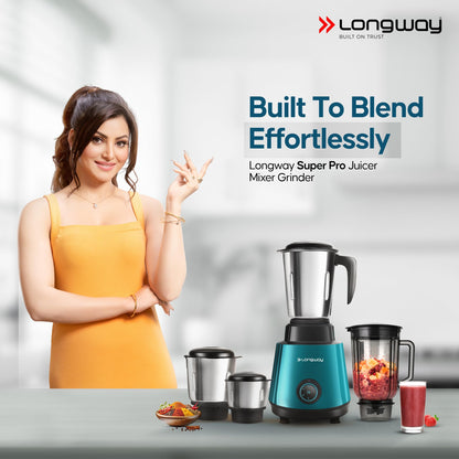 Longway Super Pro Juicer Mixer Grinder | Up to 750W Max Output Powerful Motor | 4 Jars for Grinding, Mixing, Juicing | 2 Years Warranty (Blue & Black)