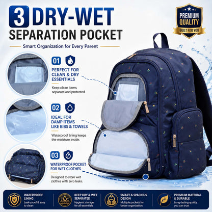 Motherly Patented Diaper Bag For Mothers For Travel, Crown Series, Pink | Backpack for Mothers | Waterproof Baby Travel & Maternity Bag | Multiple Compartments, Insulated Bottle Pockets, Warranty