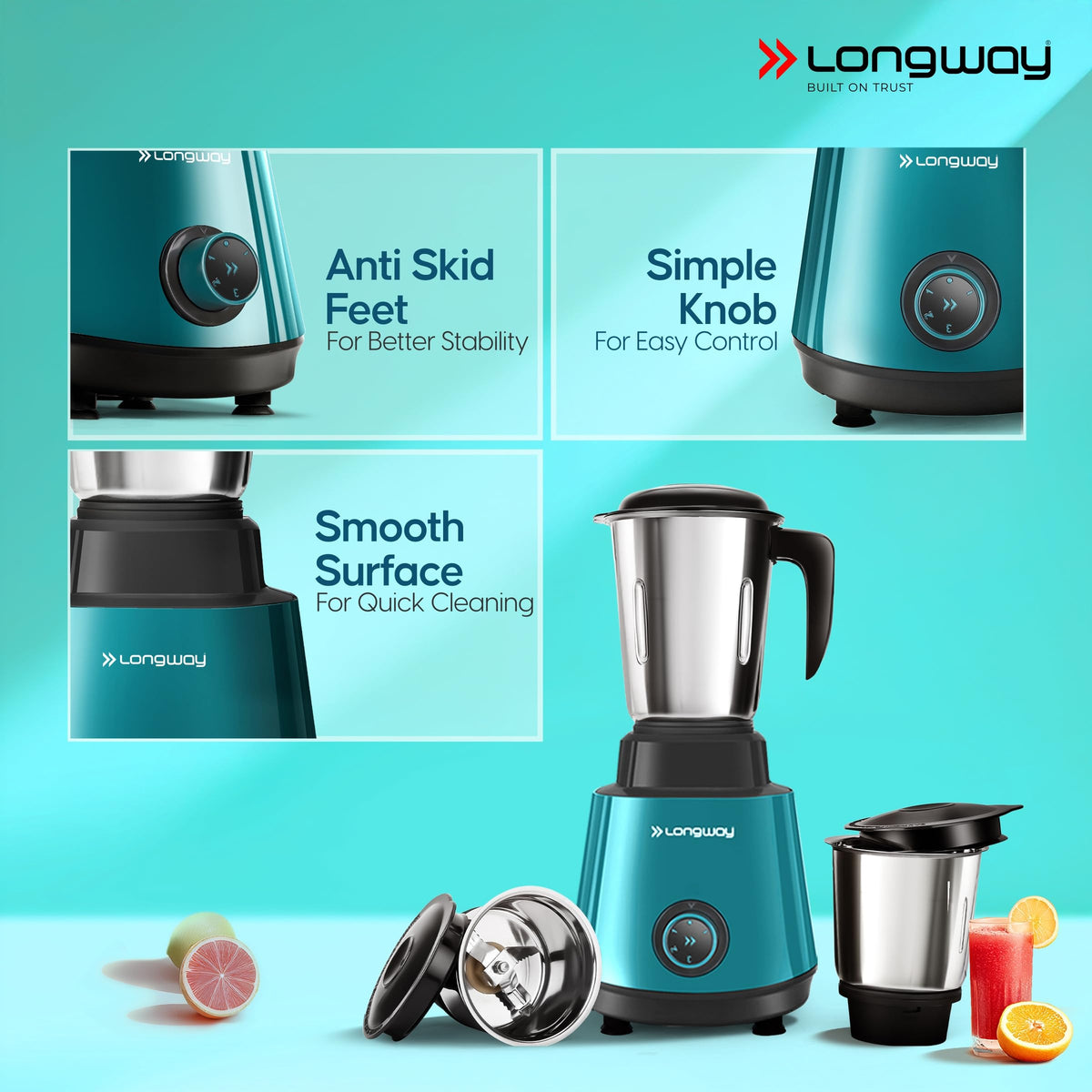 Longway Super Pro Juicer Mixer Grinder | Up to 750W Max Output Powerful Motor | 4 Jars for Grinding, Mixing, Juicing | 2 Years Warranty (Blue & Black)