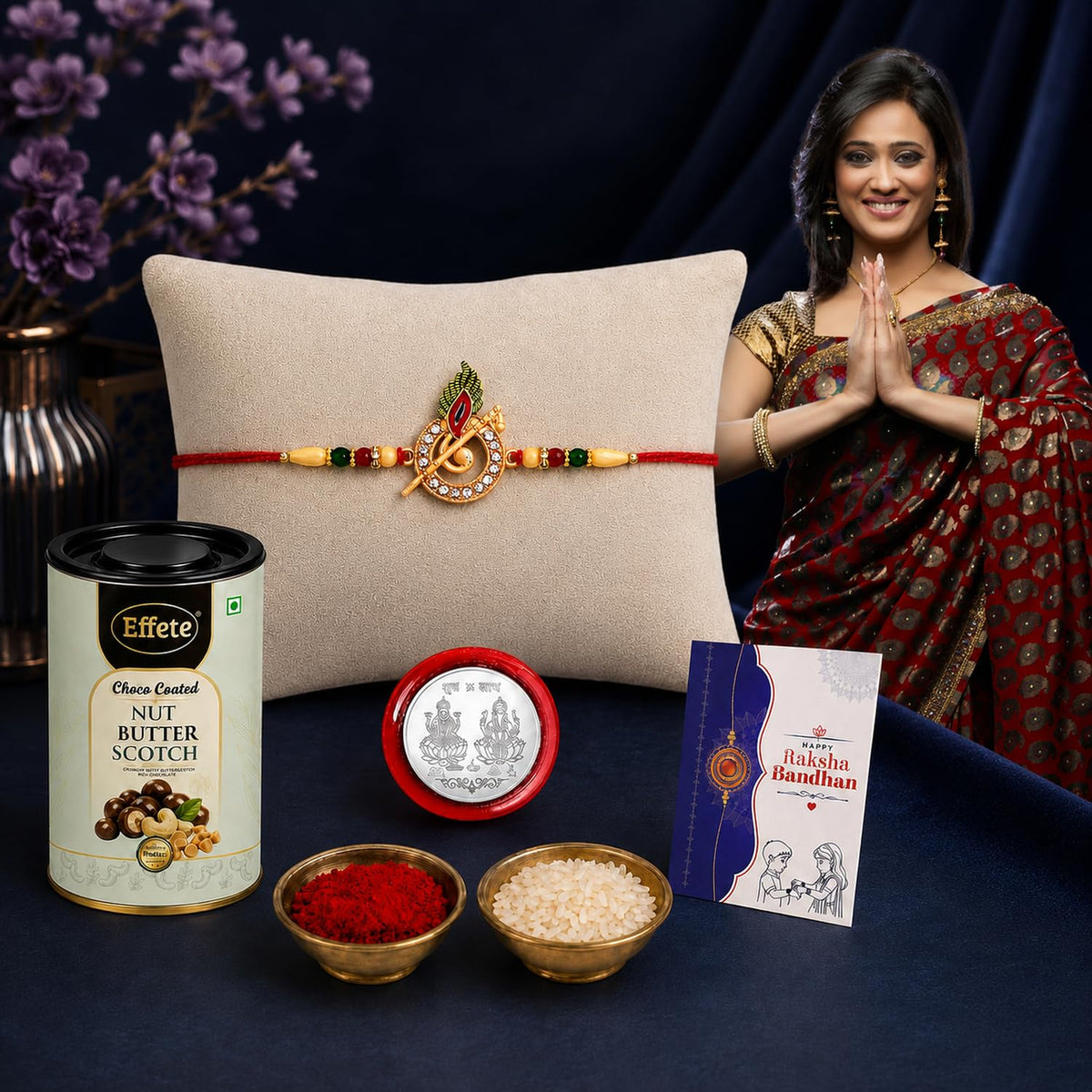DeoDap Designer Murli Flute Rakhi for Brother with Choco Coated Nut Butterscotch Chocolate 96gm, Pooja Coin, Roli Chawal & Card | Rakhi with Chocolate Combo for Raksha Bandhan