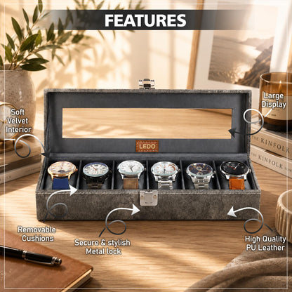 LEDO Men's and Women's Watch Box Holder Organizer Case In 12 Slots of watches In PU Leather with Black & Gray