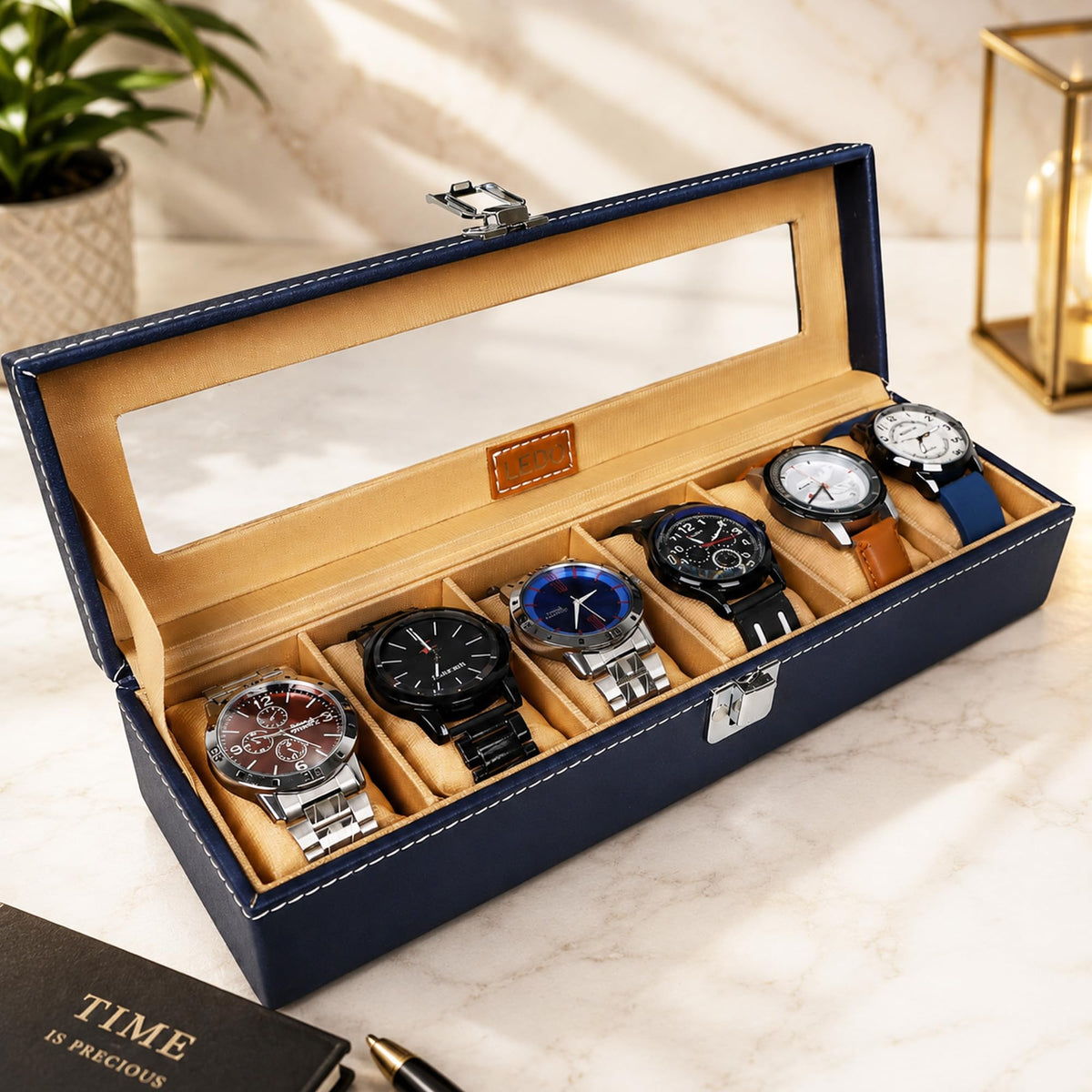 LEDO Men's and Women's Watch Box Holder Organizer Case In 12 Slots of watches In PU Leather with Black & Gray