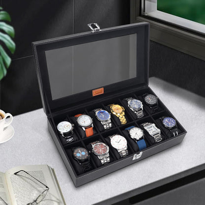 LEDO Men's and Women's Watch Box Holder Organizer Case In 12 Slots of watches In PU Leather with Black & Gray