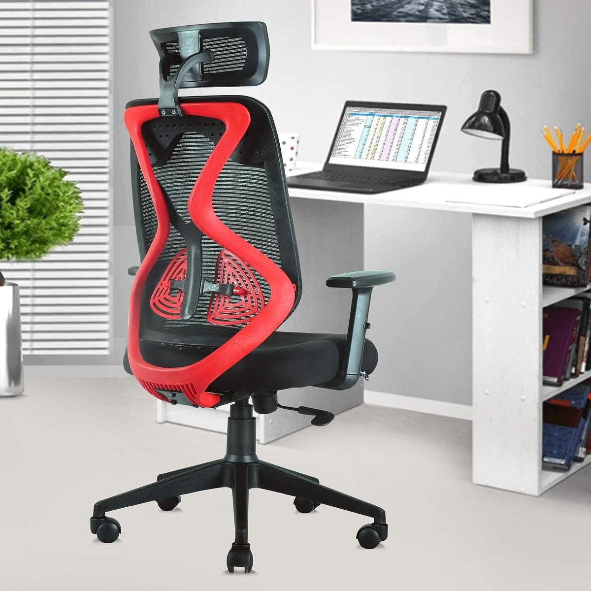 ASTRIDE Ergofit Ergonomic Office Chair for Home | 3-Years Warranty | 2D Headrest, Adjustable Arms & Lumbar Support | Tilt Lock Mechanism [Heavy Duty Nylon Base, Red-Black]