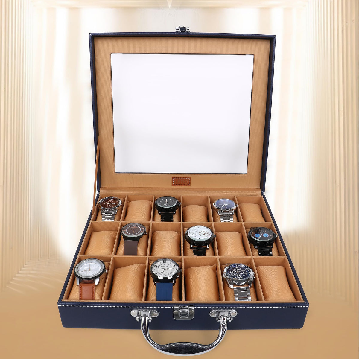 LEDO Men's and Women's Watch Box Holder Organizer Case In 12 Slots of watches In PU Leather with Black & Gray