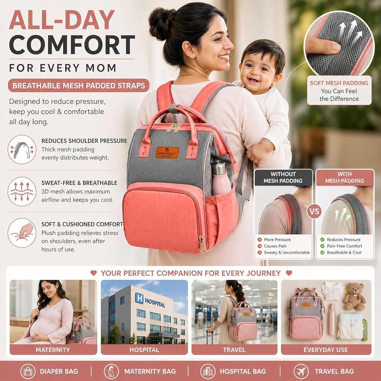 Motherly Patented Diaper Bag For Mothers For Travel, Crown Series, Pink | Backpack for Mothers | Waterproof Baby Travel & Maternity Bag | Multiple Compartments, Insulated Bottle Pockets, Warranty