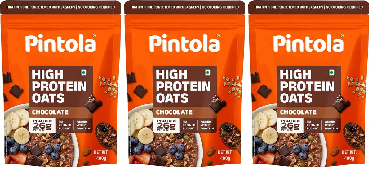 Pintola 26g High Protein Dark Chocolate Oats 1kg, No Refined Sugar, with Almonds, Raisins, Pumpkin & Chia Seeds, 9.6g Fibre, Rolled Oats for Weight management, Breakfast Cereals