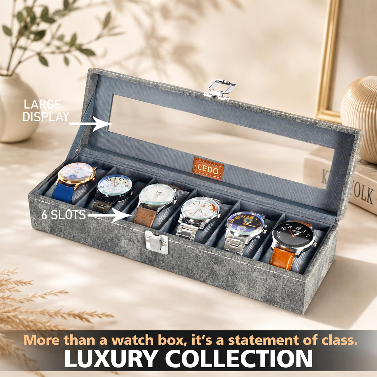 LEDO Men's and Women's Watch Box Holder Organizer Case In 12 Slots of watches In PU Leather with Black & Gray