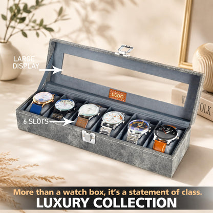 LEDO Men's and Women's Watch Box Holder Organizer Case In 12 Slots of watches In PU Leather with Black & Gray
