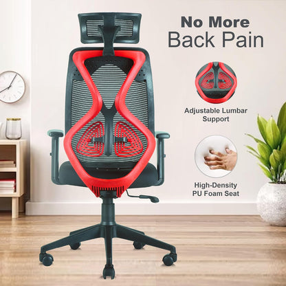 ASTRIDE Ergofit Ergonomic Office Chair for Home | 3-Years Warranty | 2D Headrest, Adjustable Arms & Lumbar Support | Tilt Lock Mechanism [Heavy Duty Nylon Base, Red-Black]