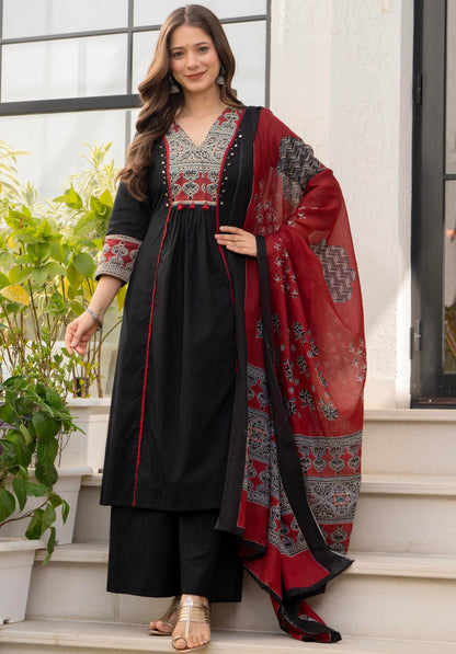 Amayra Women's Pure Cotton A-Line Kurta Set with Palazzo Pants & Dupatta|Ethnic wear|Kurti Suit Set for Women