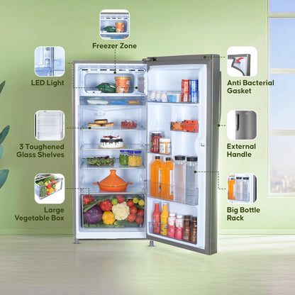 Haier 190 L 5 Star Direct Cool Inverter Single Door Refrigerator with Fast Ice Making, Easy Clean Back, Large Vegetable Box (HED-205DSA-P, Dazzle Steel, 2026 Model)