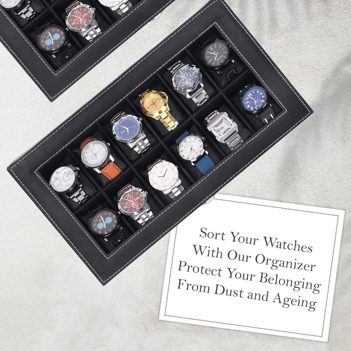 LEDO Men's and Women's Watch Box Holder Organizer Case In 12 Slots of watches In PU Leather with Black & Gray