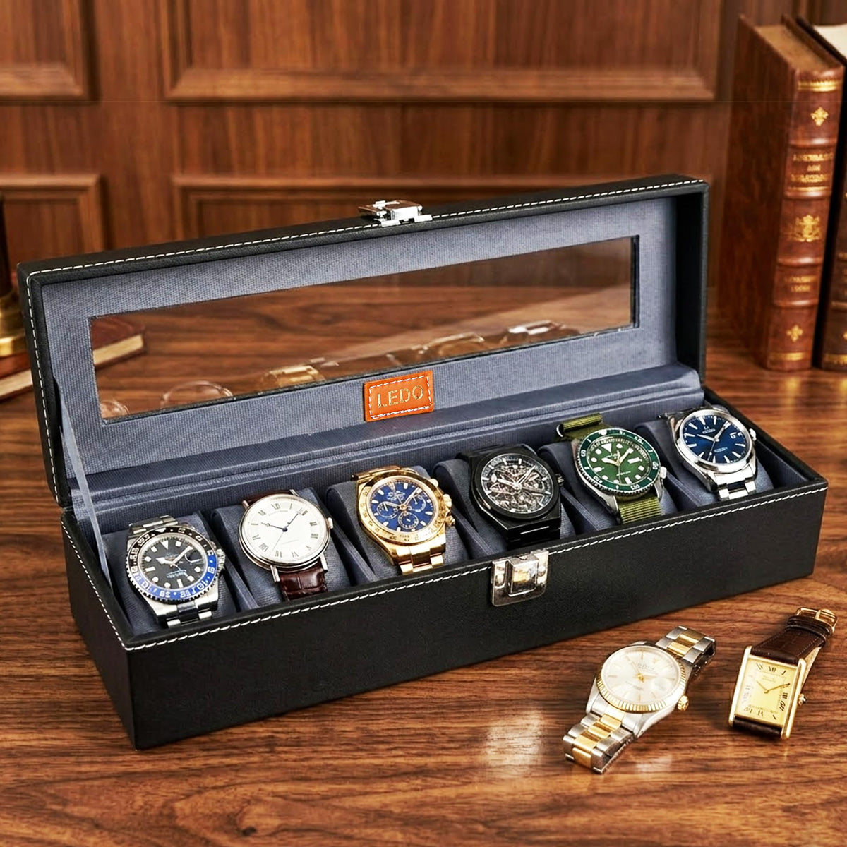 LEDO Men's and Women's Watch Box Holder Organizer Case In 12 Slots of watches In PU Leather with Black & Gray