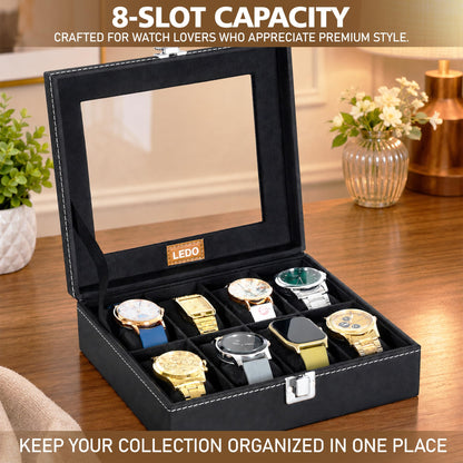 LEDO Men's and Women's Watch Box Holder Organizer Case In 12 Slots of watches In PU Leather with Black & Gray