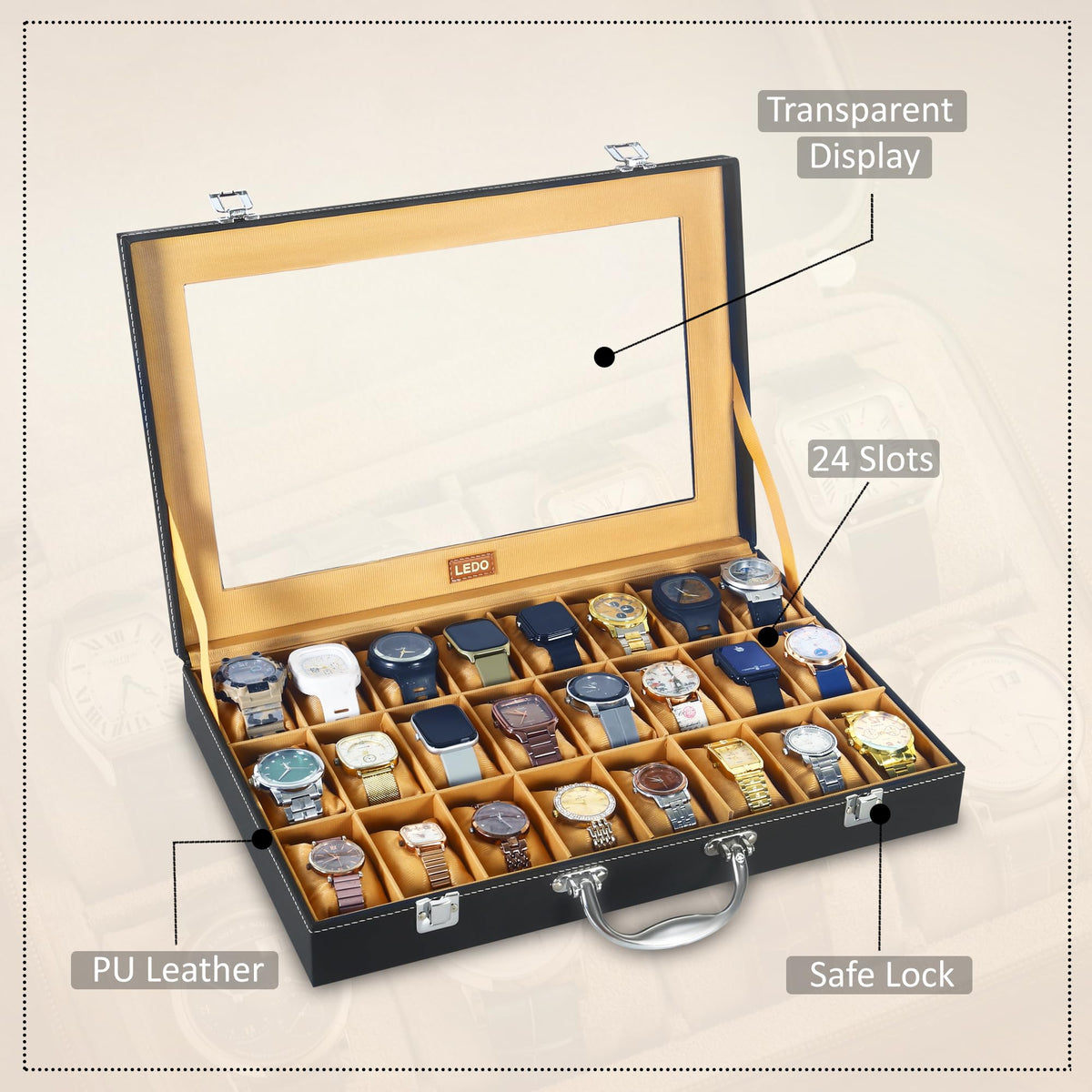 LEDO Men's and Women's Watch Box Holder Organizer Case In 12 Slots of watches In PU Leather with Black & Gray