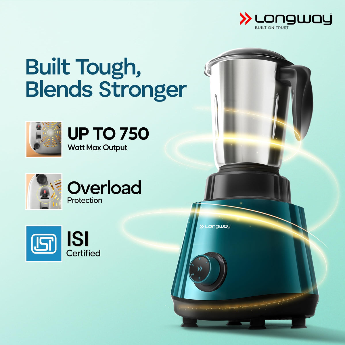 Longway Super Pro Juicer Mixer Grinder | Up to 750W Max Output Powerful Motor | 4 Jars for Grinding, Mixing, Juicing | 2 Years Warranty (Blue & Black)