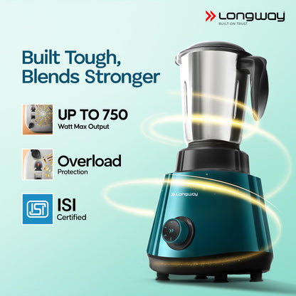 Longway Super Pro Juicer Mixer Grinder | Up to 750W Max Output Powerful Motor | 4 Jars for Grinding, Mixing, Juicing | 2 Years Warranty (Blue & Black)