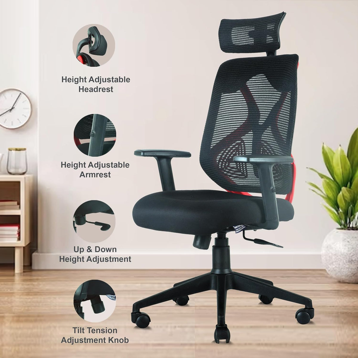 ASTRIDE Ergofit Ergonomic Office Chair for Home | 3-Years Warranty | 2D Headrest, Adjustable Arms & Lumbar Support | Tilt Lock Mechanism [Heavy Duty Nylon Base, Red-Black]