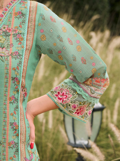 INDO ERA Women's Straight Linen Floral Printed Kurta & Pant with Dupatta Set | Kurta Sets For Woman