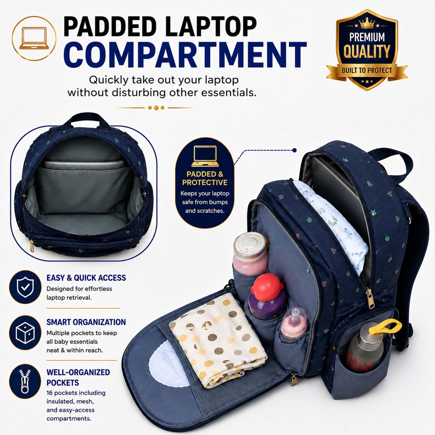 Motherly Patented Diaper Bag For Mothers For Travel, Crown Series, Pink | Backpack for Mothers | Waterproof Baby Travel & Maternity Bag | Multiple Compartments, Insulated Bottle Pockets, Warranty
