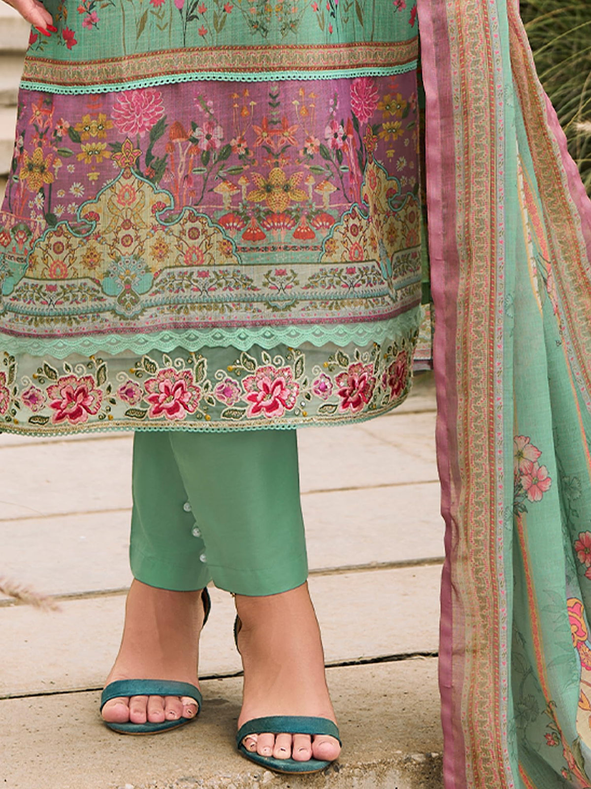 INDO ERA Women's Straight Linen Floral Printed Kurta & Pant with Dupatta Set | Kurta Sets For Woman