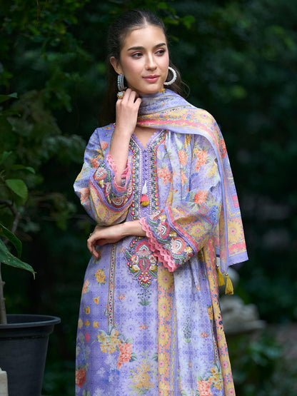 INDO ERA Women's Straight Linen Floral Printed Kurta & Pant with Dupatta Set | Kurta Sets For Woman