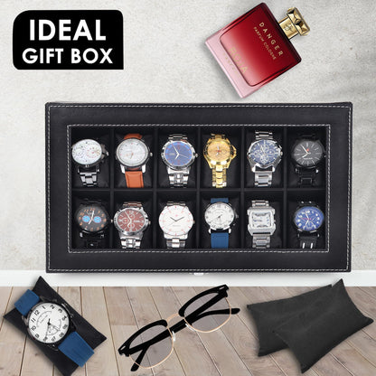 LEDO Men's and Women's Watch Box Holder Organizer Case In 12 Slots of watches In PU Leather with Black & Gray