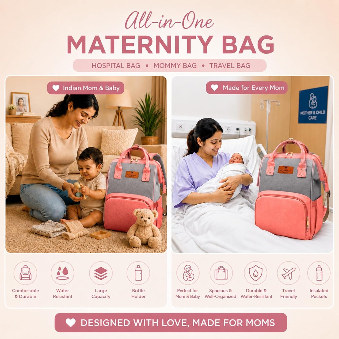 Motherly Patented Diaper Bag For Mothers For Travel, Crown Series, Pink | Backpack for Mothers | Waterproof Baby Travel & Maternity Bag | Multiple Compartments, Insulated Bottle Pockets, Warranty