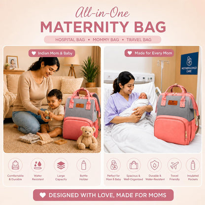 Motherly Patented Diaper Bag For Mothers For Travel, Crown Series, Pink | Backpack for Mothers | Waterproof Baby Travel & Maternity Bag | Multiple Compartments, Insulated Bottle Pockets, Warranty