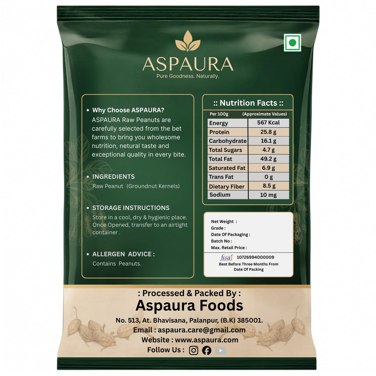 ASPAURA Premium Raw Peanuts 1 KG (Groundnut Kernels) | Whole, Sortex Sorted & Hygienically Packed | Rich in Protein & Dietary Fibre | Ideal for Roasting, Boiling, Cooking & Homemade Peanut Butter