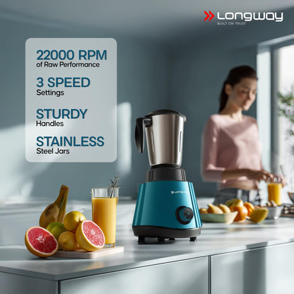 Longway Super Pro Juicer Mixer Grinder | Up to 750W Max Output Powerful Motor | 4 Jars for Grinding, Mixing, Juicing | 2 Years Warranty (Blue & Black)