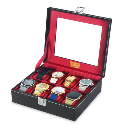 LEDO Men's and Women's Watch Box Holder Organizer Case In 12 Slots of watches In PU Leather with Black & Gray