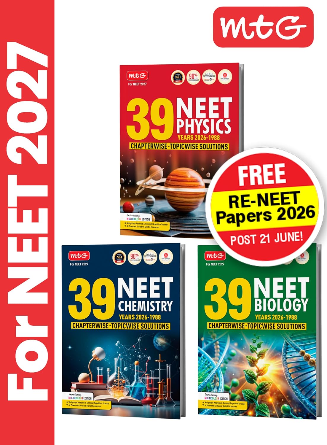 MTG NEET PYQ 39 Years Physics, Chemistry & Biology Book For 2026-2027 Exam (Set of 3) | Chapterwise Topicwise Solved Question Papers | Free Video Solutions | AI Powered Digital Resource