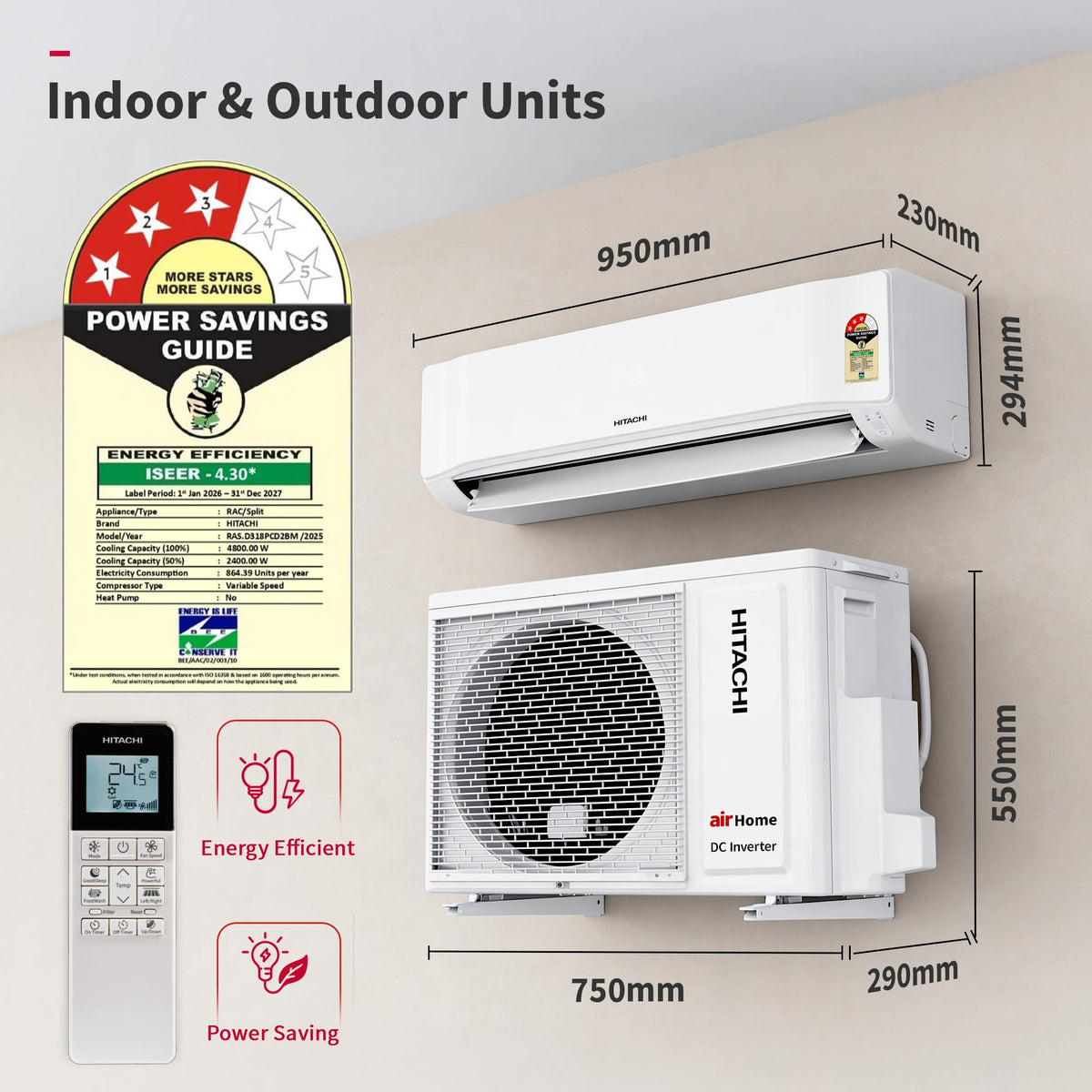Hitachi 1.5 Ton 3 Star, New Star rated, Heavy Duty Smart Inverter Split AC (Copper, Wi-Fi, Long air throw, Smart View Display, ice Clean, Hybrid Convertible, Anti-Bacterial Mesh Filter,RAS.Y319PCDISL, White)