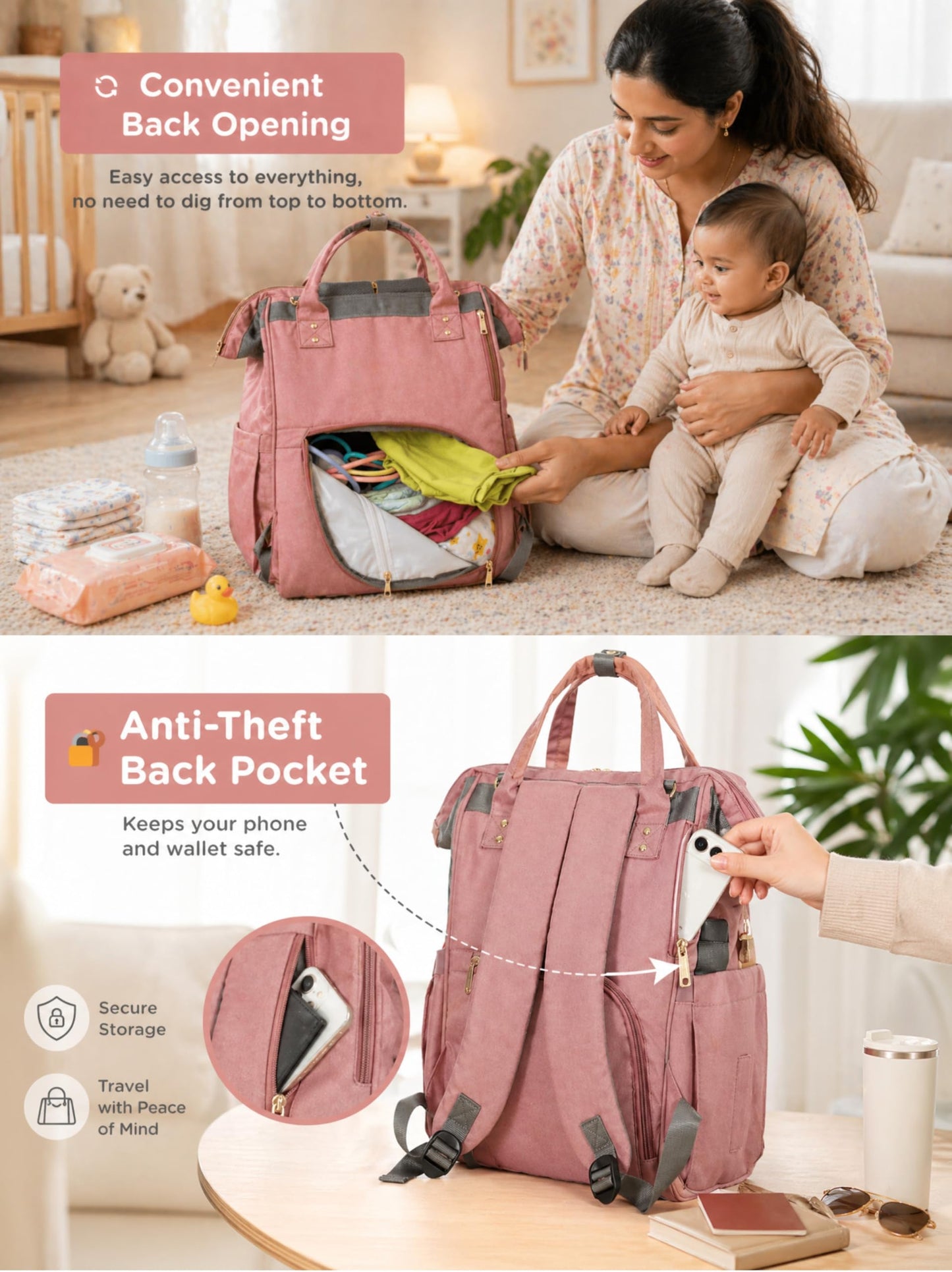 Motherly Patented Diaper Bag For Mothers For Travel, Crown Series, Pink | Backpack for Mothers | Waterproof Baby Travel & Maternity Bag | Multiple Compartments, Insulated Bottle Pockets, Warranty