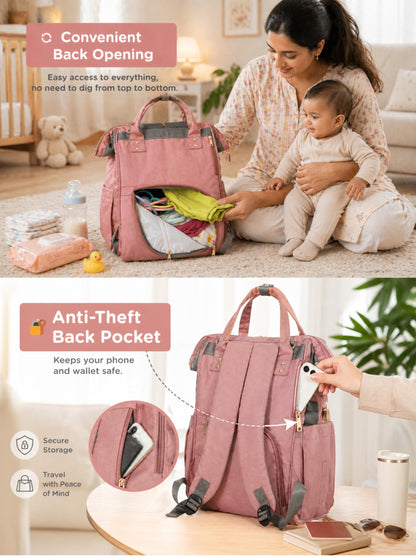 Motherly Patented Diaper Bag For Mothers For Travel, Crown Series, Pink | Backpack for Mothers | Waterproof Baby Travel & Maternity Bag | Multiple Compartments, Insulated Bottle Pockets, Warranty