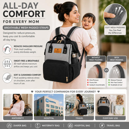 Motherly Patented Diaper Bag For Mothers For Travel, Crown Series, Pink | Backpack for Mothers | Waterproof Baby Travel & Maternity Bag | Multiple Compartments, Insulated Bottle Pockets, Warranty