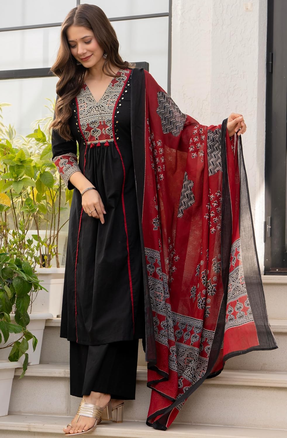 Amayra Women's Pure Cotton A-Line Kurta Set with Palazzo Pants & Dupatta|Ethnic wear|Kurti Suit Set for Women