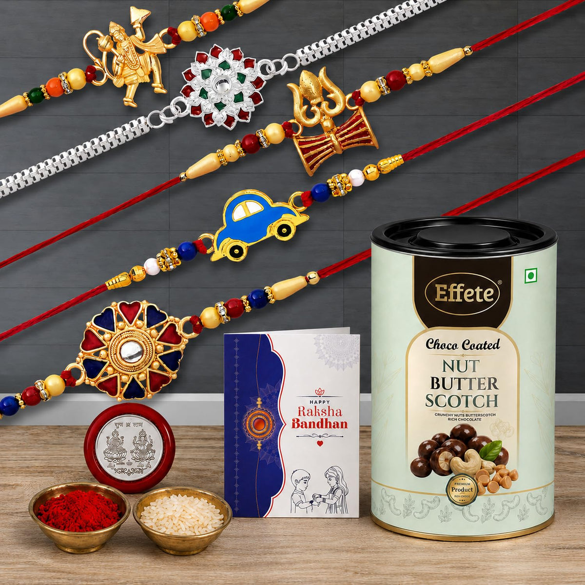 DeoDap Designer Murli Flute Rakhi for Brother with Choco Coated Nut Butterscotch Chocolate 96gm, Pooja Coin, Roli Chawal & Card | Rakhi with Chocolate Combo for Raksha Bandhan