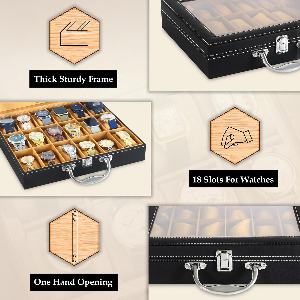 LEDO Men's and Women's Watch Box Holder Organizer Case In 12 Slots of watches In PU Leather with Black & Gray