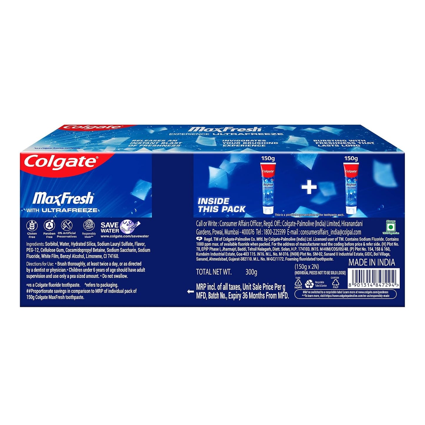 Colgate MaxFresh Breath Freshner Oral Care Toothpaste, 300g Saver Pack (150g x 2), Peppermint Ice, Blue Gel Paste with Menthol & Cooling crystals for bad breath control
