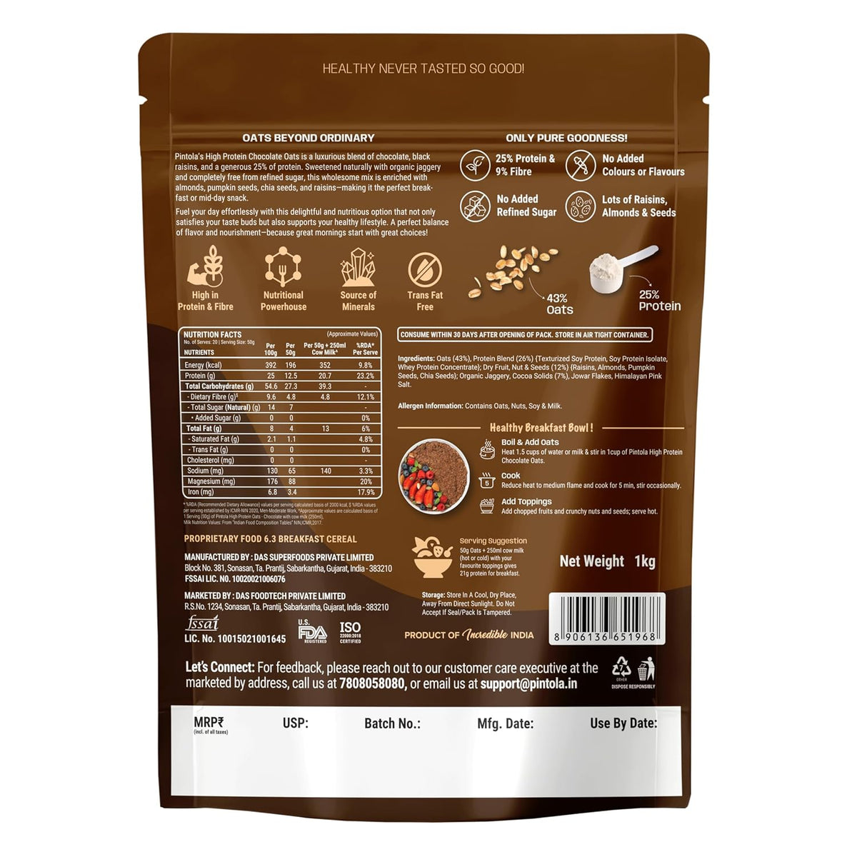 Pintola 26g High Protein Dark Chocolate Oats 1kg, No Refined Sugar, with Almonds, Raisins, Pumpkin & Chia Seeds, 9.6g Fibre, Rolled Oats for Weight management, Breakfast Cereals