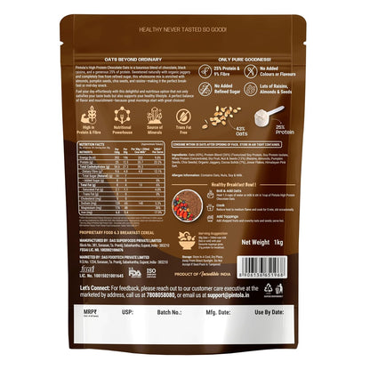 Pintola 26g High Protein Dark Chocolate Oats 1kg, No Refined Sugar, with Almonds, Raisins, Pumpkin & Chia Seeds, 9.6g Fibre, Rolled Oats for Weight management, Breakfast Cereals