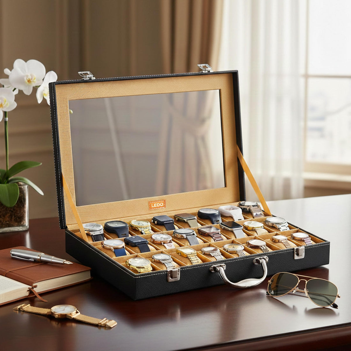 LEDO Men's and Women's Watch Box Holder Organizer Case In 12 Slots of watches In PU Leather with Black & Gray