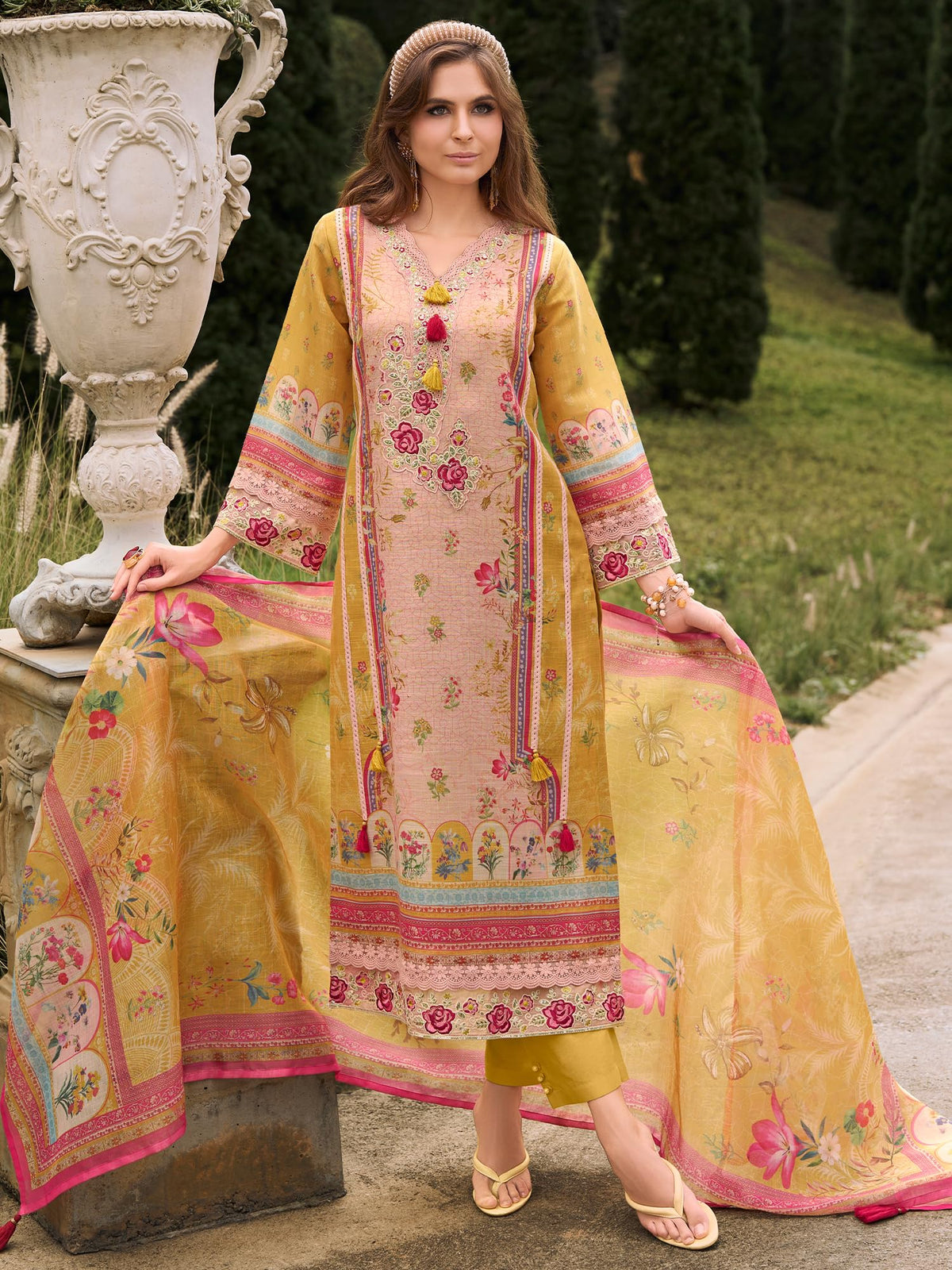 INDO ERA Women's Straight Linen Floral Printed Kurta & Pant with Dupatta Set | Kurta Sets For Woman